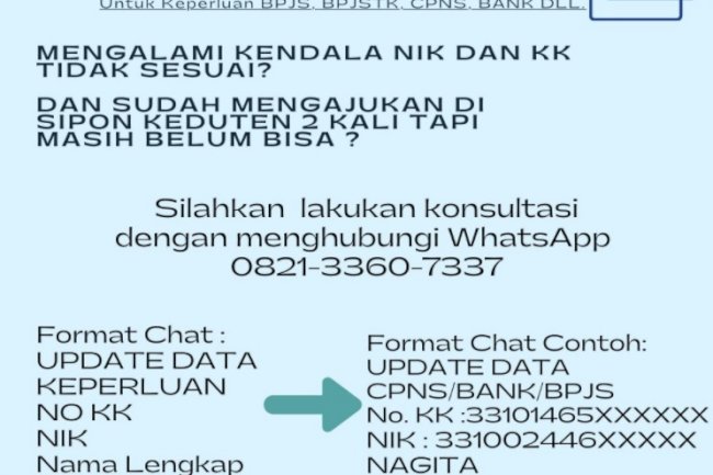 Hubungi kontak Dinas Dukcapil Klaten apabila ada kendala Update Data (NIK dan KK).