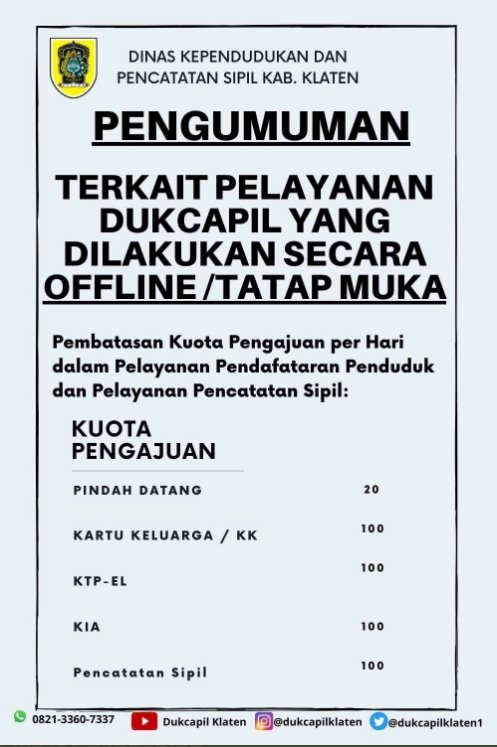  Pelayanan Dukcapil Klaten yang di lakukan secara Offline / tatap muka.