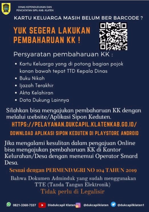 Mari Perbarui KK (Kartu Keluarga) yang BELUM TTE (Tanda Tangan Elektronik) / BELUM ada tanda Barcode nya.