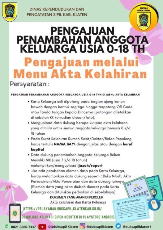 Penambahan Anggota keluarga di KK (Kartu Keluarga) usia 0-18 Tahun pengajuannya melalui Aplikasi Sipon Keduten pada Menu Akta Kelahiran.