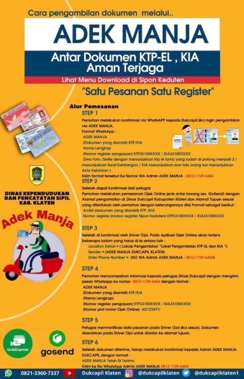 Tutorial menggunakan layanan ADEK MANJA  untuk pengambilan dokumen KTP-EL dan KIA lewat Ojek Online.