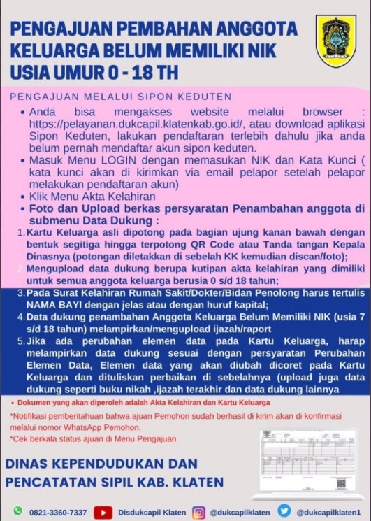 Pengajuan penambahan anggota keluarga belum mempunyai NIK usia 0-18 Tahun.