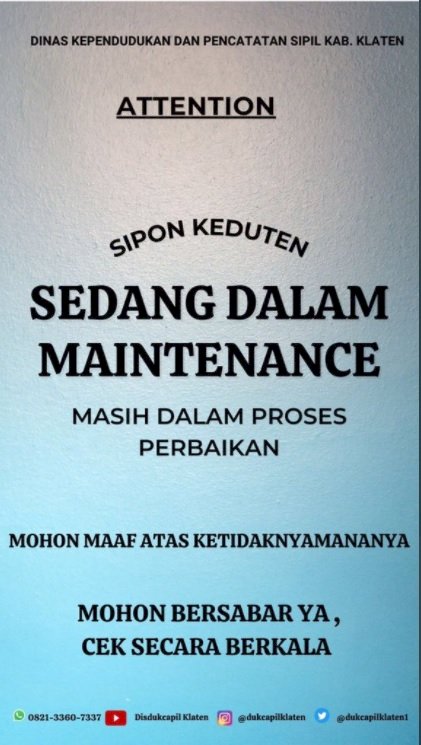 Mohon maaf, sipon KEDUTEN dalam maintenance, kami akan mengupayakan terbaik untuk segera stabil kembali.