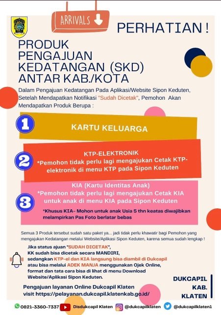 Pengajuan "Kedatangan" melalui Aplikasi Sipon Keduten akan mendapatkan dokumen berupa KK, KTP-EL dan KIA.
