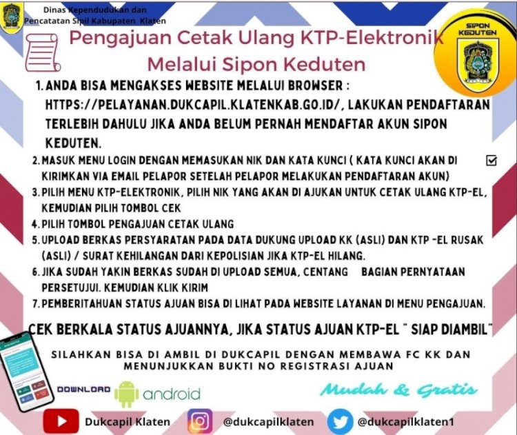 Pengurusan KTP-EL yang hilang, langsung ajukan cetak ulang melalui aplikasi Sipon Keduten.