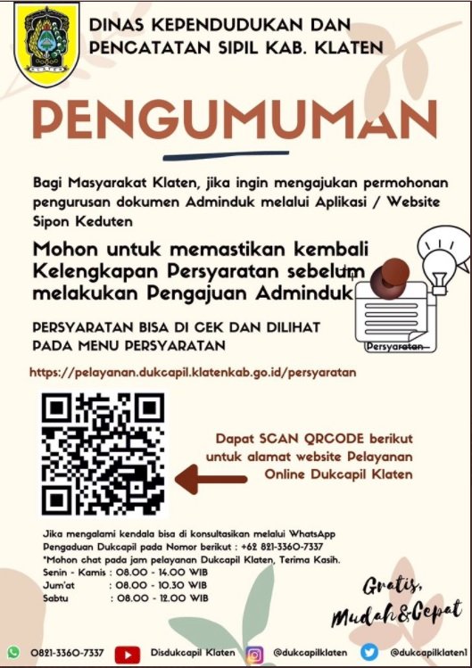 Mohon disimak informasinya, untuk sebelum melakukan submit pengajuan dokumen Adminduk mohon untuk memastikan kelengkapan persyaratan.