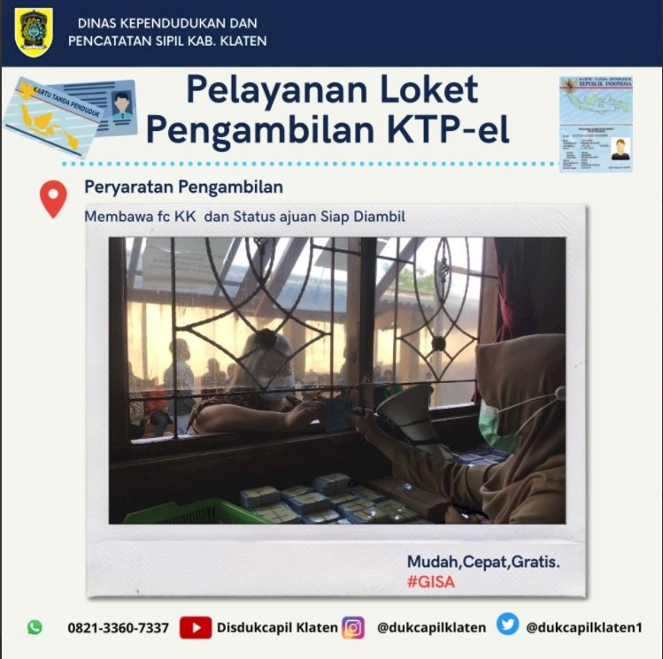 Pelayanan Loket Pengambilan KTP elektronik, petugas memberikan pelayanan terbaik bagi masyarakat Klaten , untuk pengambilan KTP -El jangan lupa membawa FC KK dan KTP-El lama (jika pengajuan cetak ulang KTP -El rusak).