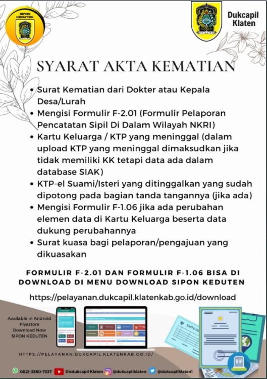 Persyaratan Akta Kematian pelayanan Dinas Dukcapil Klaten.