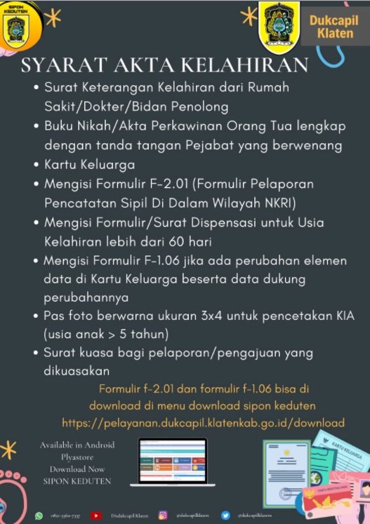 Peryaratan akta kelahiran pelayanan Dinas Dukcapil Klaten.