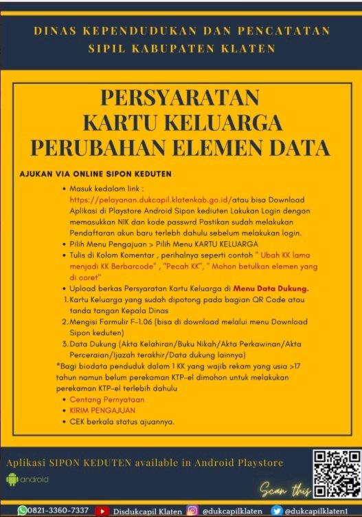 Persyaratan pengajuan Kartu Keluarga Perubahan Elemen Data.