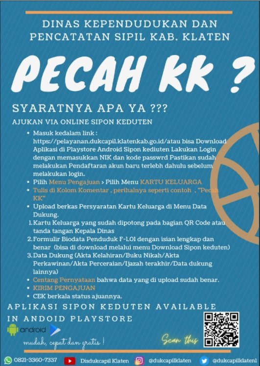 Persyaratan pengajuan Kartu Keluarga Pecah KK.