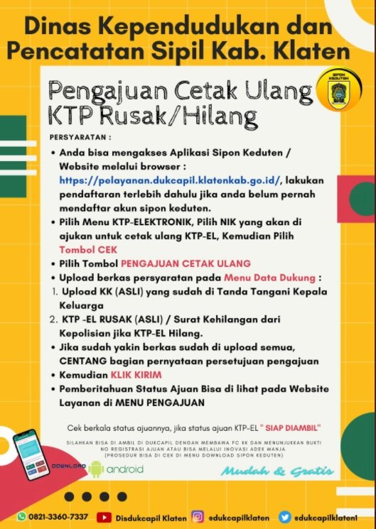 Pengajuan cetak ulang KTP-EL melalui Sipon KEDUTEN.