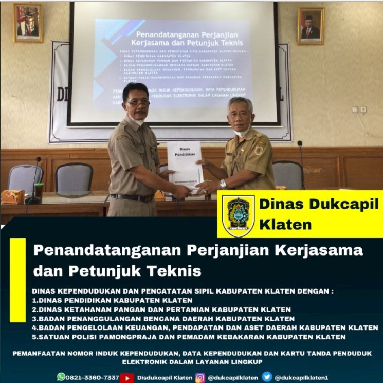 Penandatanganan Perjanjian Kerjasama dan Petunjuk Teknis dengan 5 OPD terkait pemanfaatan data kependudukan Kabupaten Klaten .