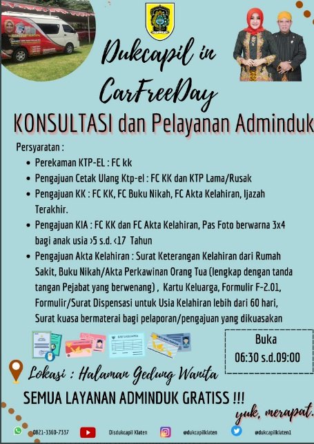 Dukcapil Klaten hadir lagi di CarFreeDay hari Minggu tgl 24 Juli 2022.