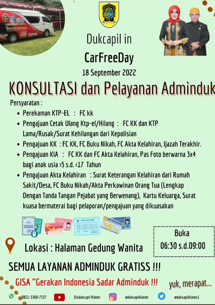 Dukcapil Klaten hadir di CarFreeDay hari Minggu 18 September 2022.