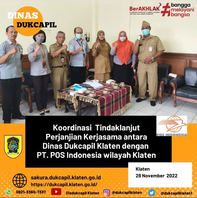 Dinas Dukcapil Klaten lakukan koordinasi Perjanjian Kerjasama dengan PT. POS Indonesia.