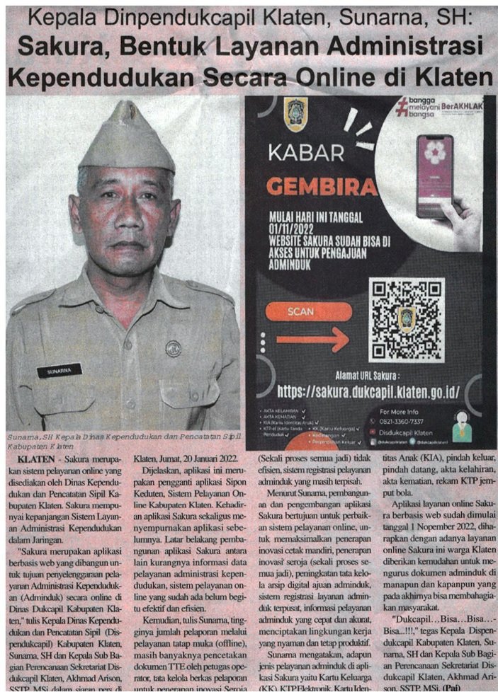 PUBLIKASI SAKURA (PELAYANAN ADMINISTRASI ONLINE) DISDUKCAPIL KLATEN JOGLOPOS, EDISI 822.TH XVI, 23 s.d. 29 JANUARI 2023.