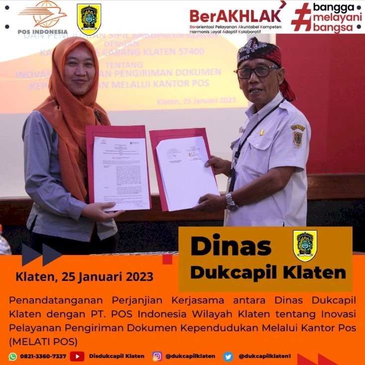 Penandatangan Perjanjian Kerjasama antara Dinas Dukcapil Klaten dengan PT Pos Indonesia Cabang Klaten dalam rangka Inovasi Melati Pos.