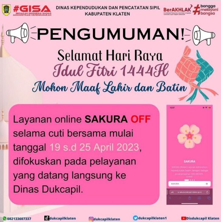 Pelayanan Online SAKURA sementara OFF pada tanggal 19 s.d 25 April 2023 dan buka kembali mulai tanggal 25 April 2023.