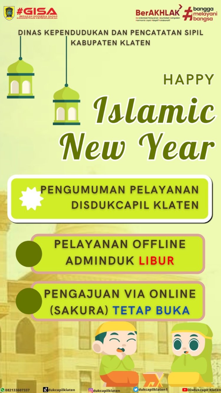 Pengumuman Informasi terkait Libur Pelayanan Dukcapil Klaten, bahwa tanggal 19 Juli 2023 Libur dan buka kembali pada tanggal 20 Juli 2023.