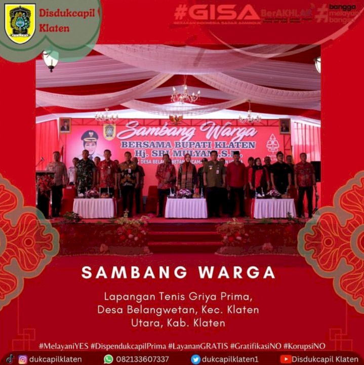 Dinas Kependudukan Dan Pencatatan Sipil Kabupaten Klaten laksanakan Pelayanan Adminduk acara Sambang Warga di Lapangan Tenis Griya Prima, Desa Belangwetan Kecamatan Klaten Utara, Kabupaten Klaten.