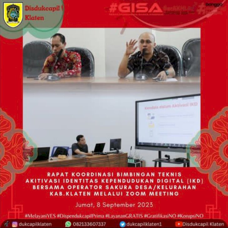 Rakor Bimbingan Teknis Identitas Kependudukan Digital (IKD) bersama operator SakuraDesa/Kelurahan Kabupaten Klaten melalui zoom.