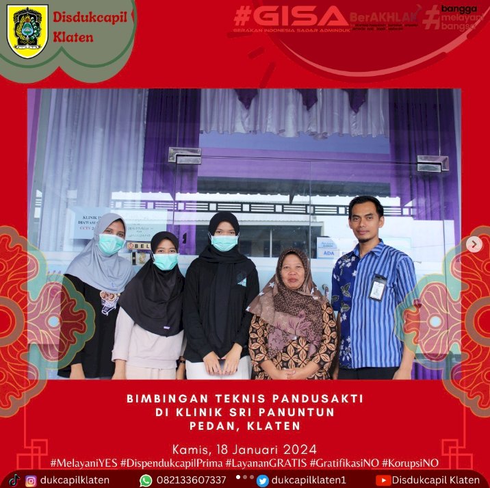 Dinas Dukcapil Klaten laksanakan Bimbingan Teknis Aplikasi Sakura kepada Operator Klinik ‘SRI PANUNTUN’ Pedan Kabupaten Klaten.