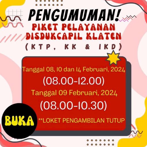 PENGUMUMAN!  Piket Pelayanan Dinas Kependudukan dan Pencatatan Sipil Kabupaten Klaten.