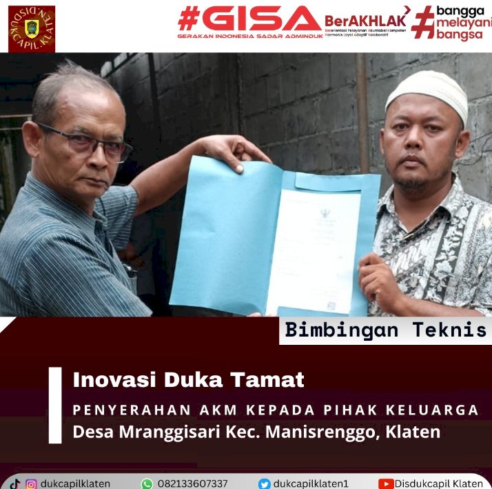 INOVASI DUKA TAMAT Penyerahan Akta Kematian di Desa Mranggisari Kecamatan Manisrenggo.