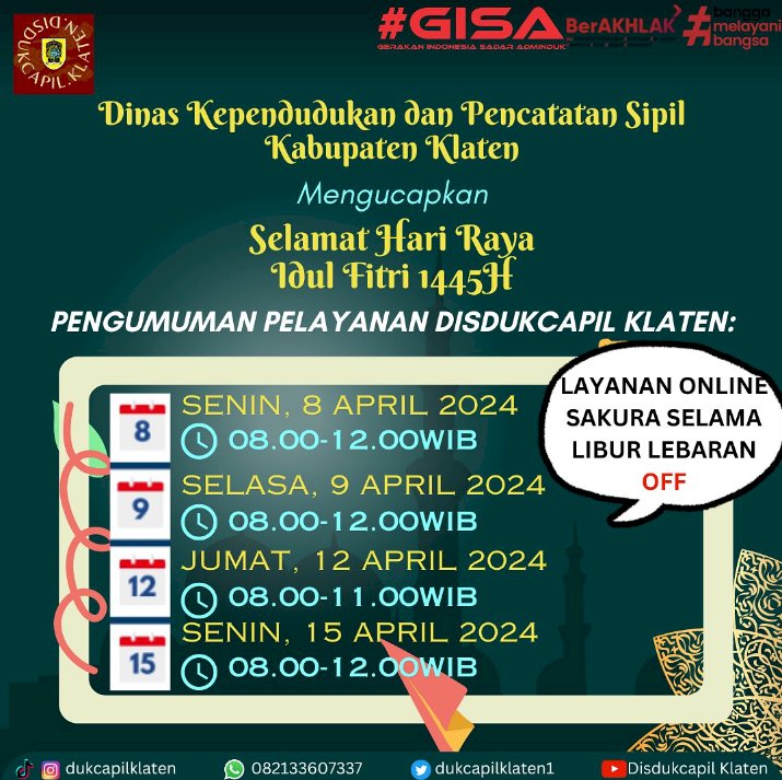 PENGUMUMAN!  Disdukcapil Klaten Mengucapkan “Selamat Hari Raya Idul Fitri 1445H”