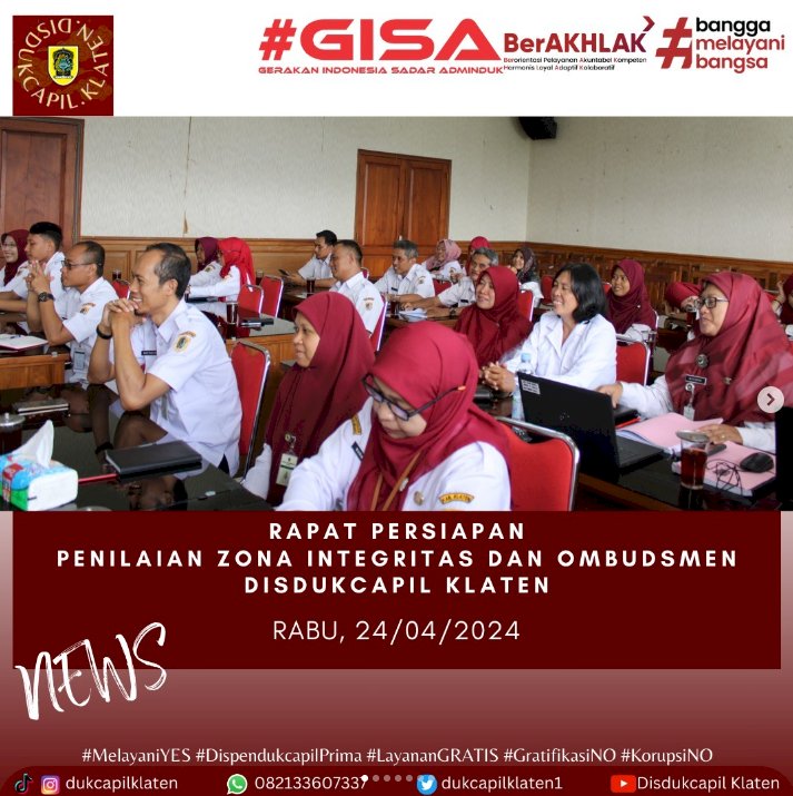 RAPAT PERSIAPAN PENILAIAN ZONA INTEGRITAS DAN OMBUDSMEN DISDUKCAPIL KLATEN.
