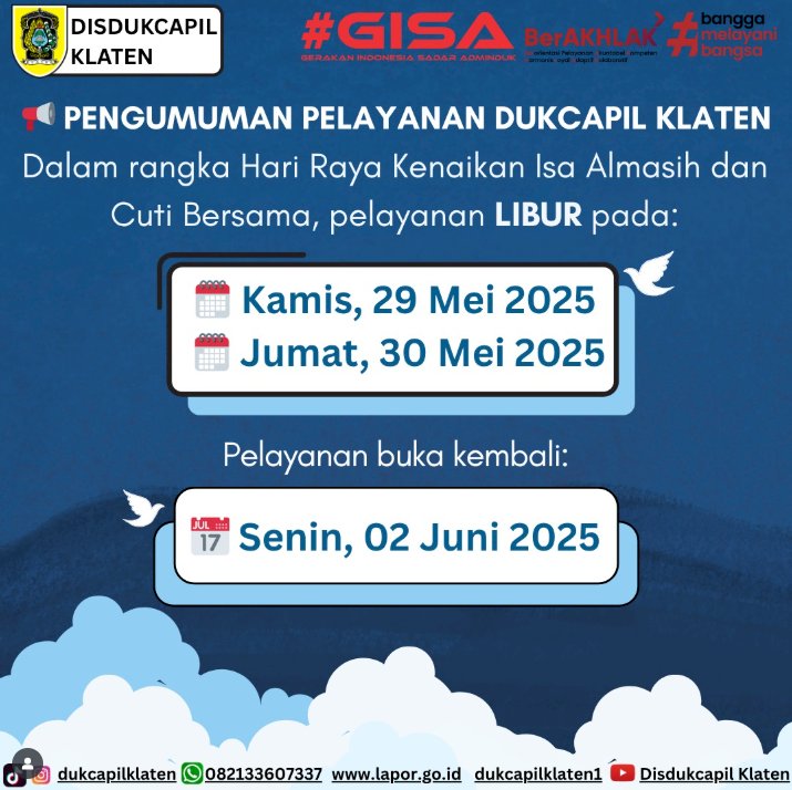 PENGUMUMAN PELAYANAN DUKCAPIL KLATEN