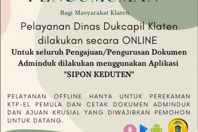 Pengajuan dokumen Adminduk dilakukan secara Online “SIPON KEDUTEN”