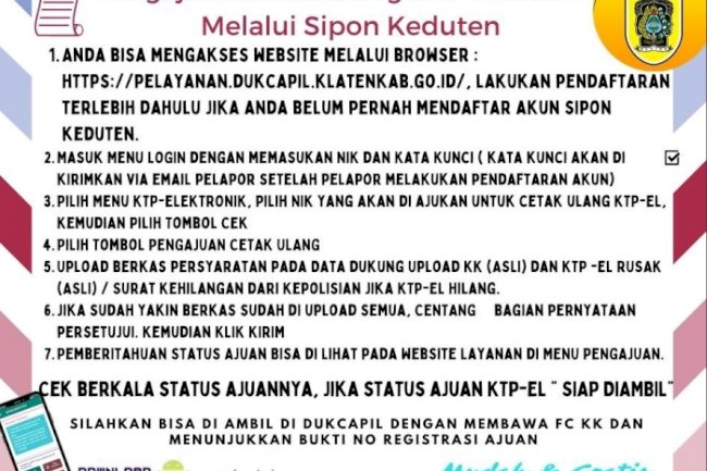 Pengurusan KTP-EL yang hilang, langsung ajukan cetak ulang melalui aplikasi Sipon Keduten.