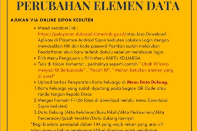 Persyaratan pengajuan Kartu Keluarga Perubahan Elemen Data.