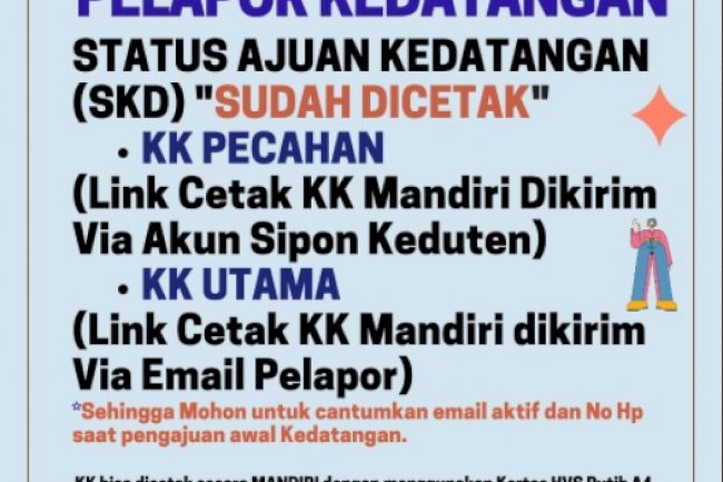 Mohon disimak informasi bagi pelapor pengajuan Kedatangan ke Klaten via Aplikasi Sipon Keduten..