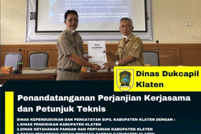 Penandatanganan Perjanjian Kerjasama dan Petunjuk Teknis dengan 5 OPD terkait pemanfaatan data kependudukan Kabupaten Klaten .