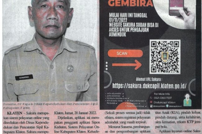 PUBLIKASI SAKURA (PELAYANAN ADMINISTRASI ONLINE) DISDUKCAPIL KLATEN JOGLOPOS, EDISI 822.TH XVI, 23 s.d. 29 JANUARI 2023.