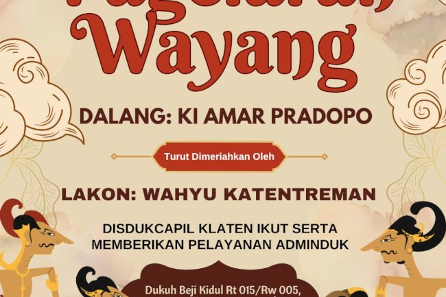 Disdukcapil Klaten hadir memberikan layanan administrasi kependudukan GRATIS dalam acara Pagelaran Wayang di Desa Beji, Kecamatan Pedan, Kabupaten Klaten.
