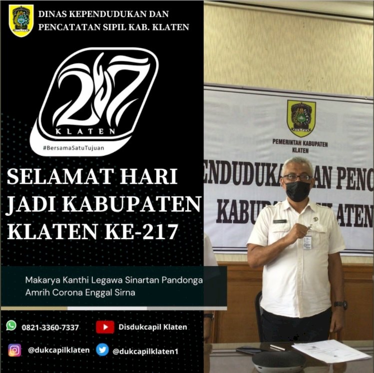Selamat Hari Jadi Kabupaten Klaten ke-217. Makarya Kanthi Legawa Sinartan Pandonga Amrih Corona Enggal Sirna.