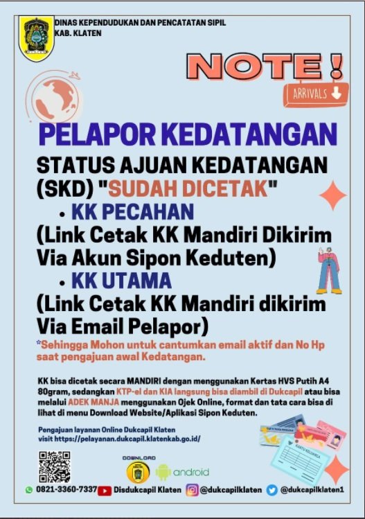 Mohon disimak informasi bagi pelapor pengajuan Kedatangan ke Klaten via Aplikasi Sipon Keduten..