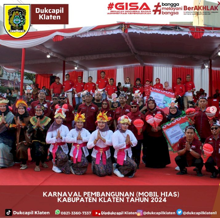 Dinas Kependudukan dan Pencatatan Sipil Kabupaten Klaten ikut berpartisipasi dan memeriahkan pada kegiatan KARNAVAL PEMBANGUNAN (Mobil Hias) Kabupaten Klaten Tahun 2024 dalam rangka memperingati HUT-RI 79.