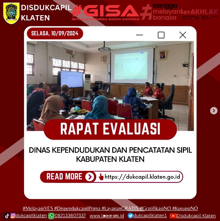 Dinas Dukcapil Klaten melaksanakan Rapat Evaluasi Kinerja dan Pembahasan Kebijakan Layanan Online Adminduk.