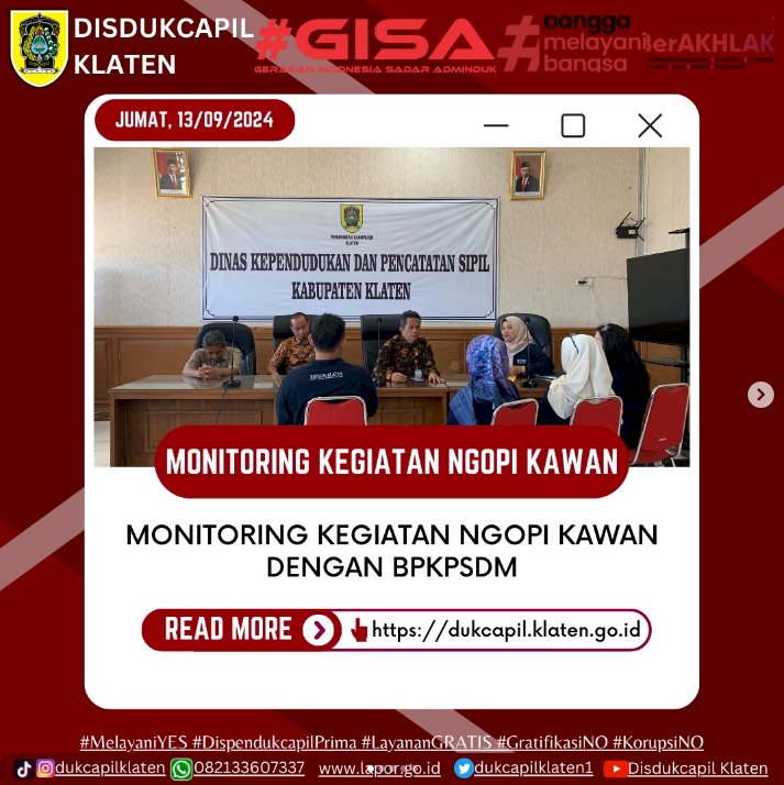 Monitoring kegiatan Ngopi Kawan bersama BPKPSDM yang dilaksanakan di ruang rapat Dinas Dukcapil Klaten.