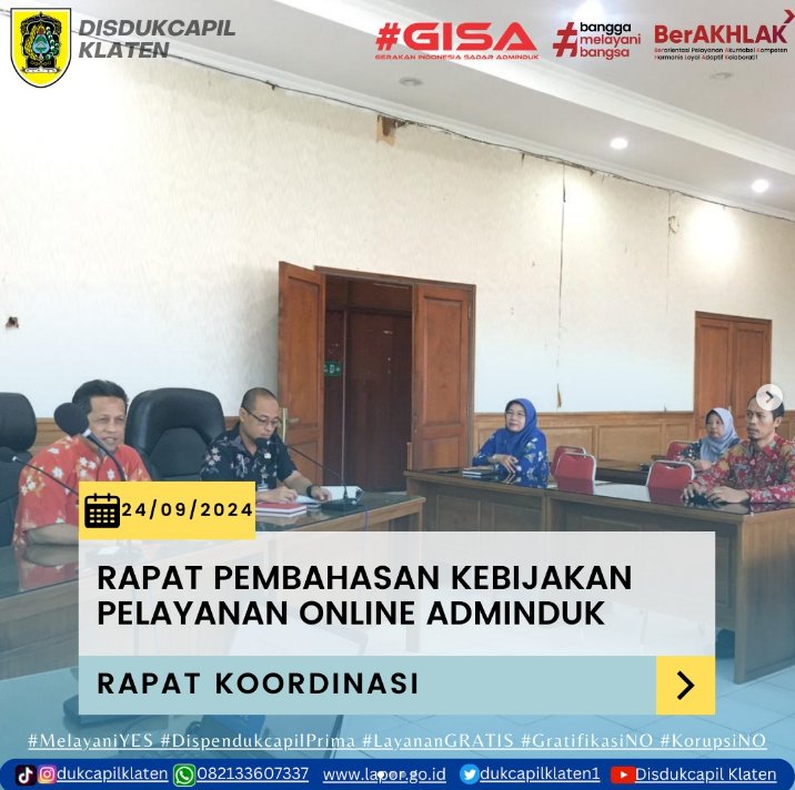 Dinas Dukcapil Klaten melaksanakan Rapat Pembahasan Kebijakan Pelayanan Online Adminduk.