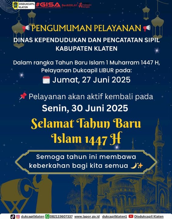PENGUMUMAN PELAYANAN DINAS KEPENDUDUKAN DAN PENCATATAN SIPIL KABUPATEN KLATEN.