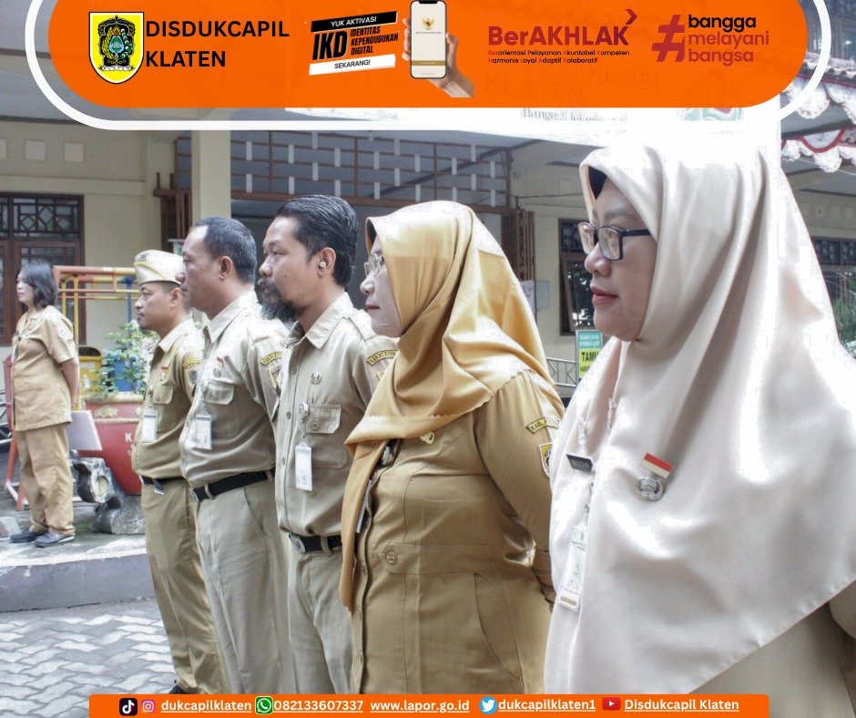 Apel pagi yang dilaksanakan oleh Dinas Kependudukan dan Pencatatan Sipil Kabupaten Klaten. Selasa, 05/08/2024