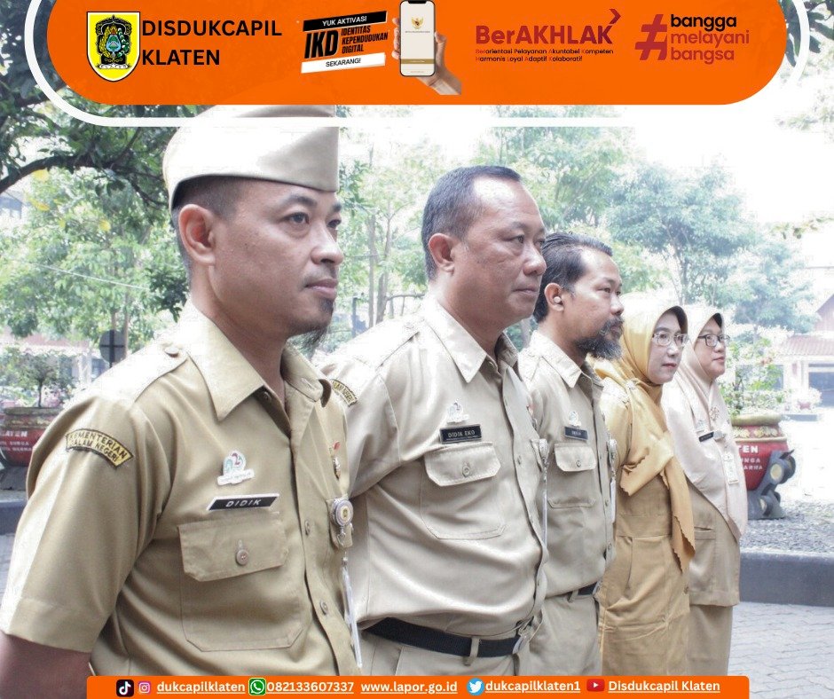Apel pagi yang dilaksanakan oleh Dinas Kependudukan dan Pencatatan Sipil Kabupaten Klaten. Selasa, 05/08/2024