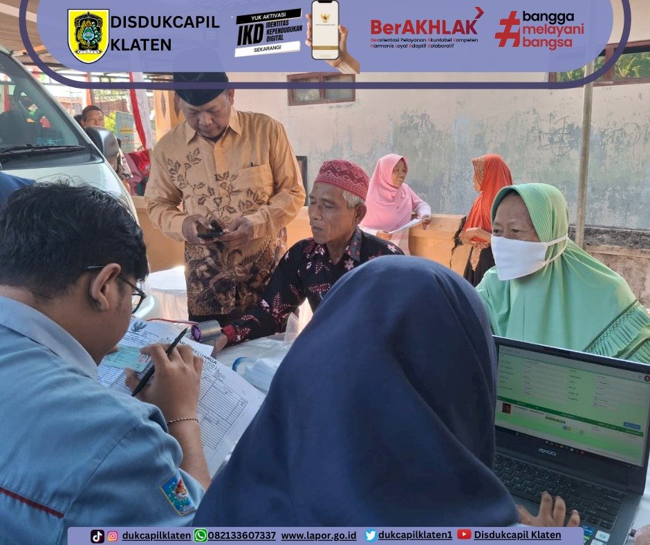 Disdukcapil Klaten hadir memberikan pelayanan adminduk pada kegiatan Sambung Rasa di Desa Ringinputih, Kec. Karangdowo dan Desa Kingkang, Kec. Wonosari, Klaten. Selasa–Rabu, 26–27 Agustus 2025