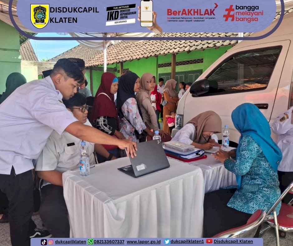 Disdukcapil Klaten hadir memberikan pelayanan adminduk pada kegiatan Sambung Rasa di Desa Ringinputih, Kec. Karangdowo dan Desa Kingkang, Kec. Wonosari, Klaten. Selasa–Rabu, 26–27 Agustus 2025